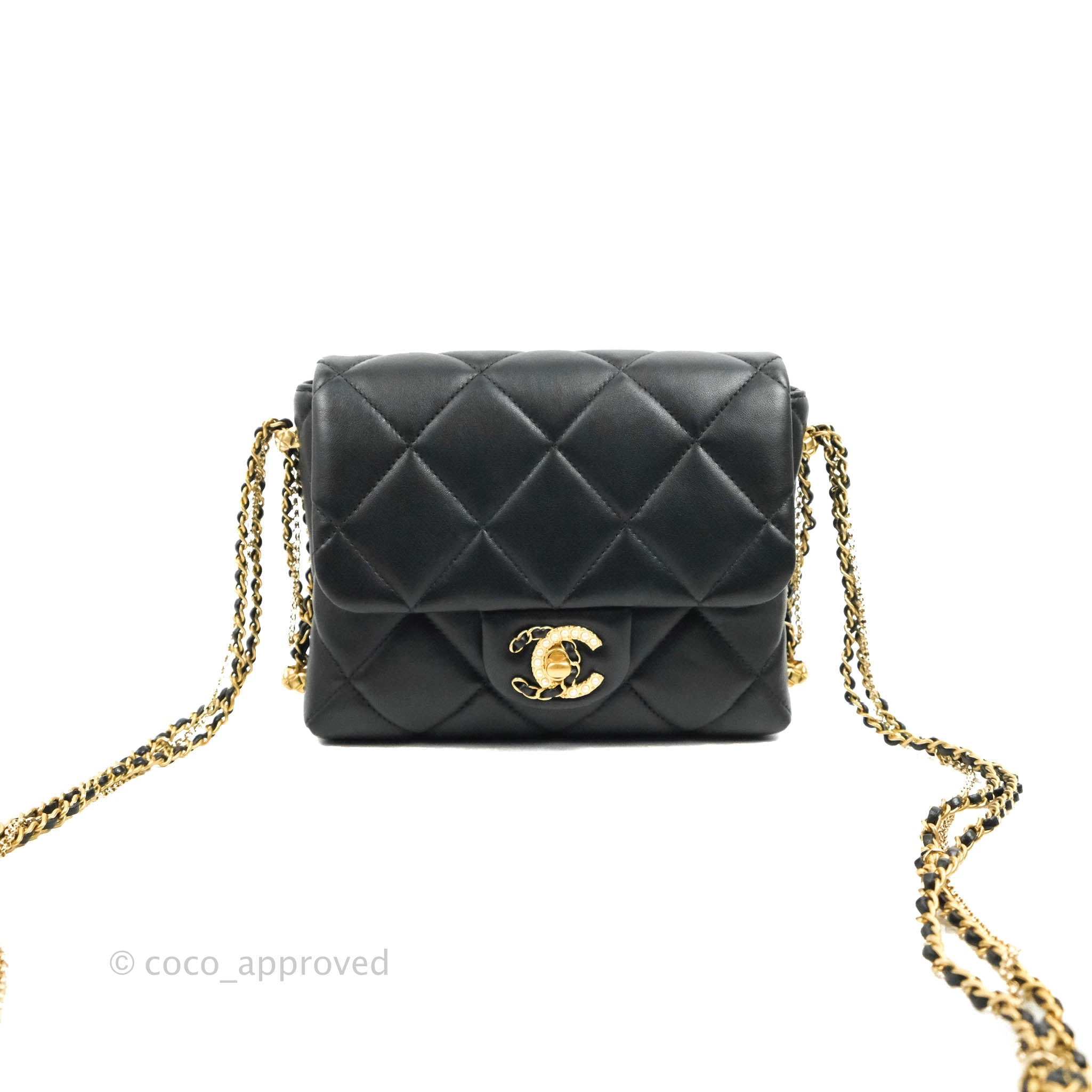 Chanel Mini Flap Bag With Pearl And Woven Chain CC Logo Black Lambskin Aged  Gold Hardware 21B