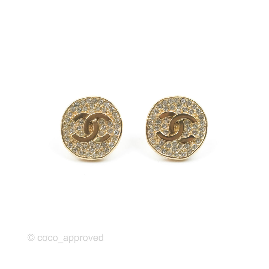 Chanel Round CC Crystal Earrings Gold Tone 21K