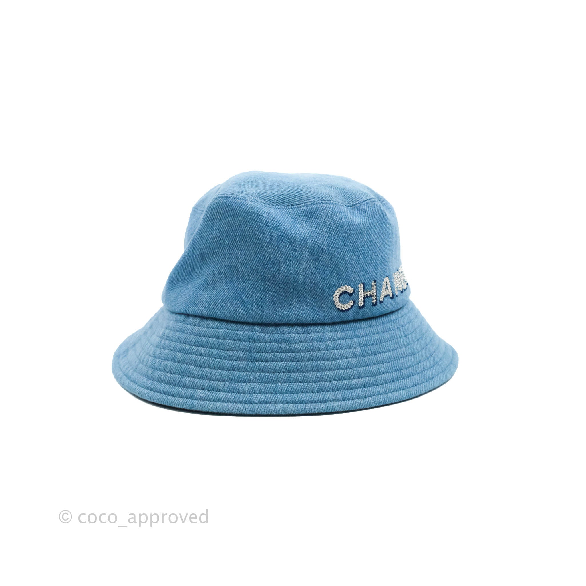 Chanel Large CC Logo All Over Grey Denim Cloche Bucket Hat