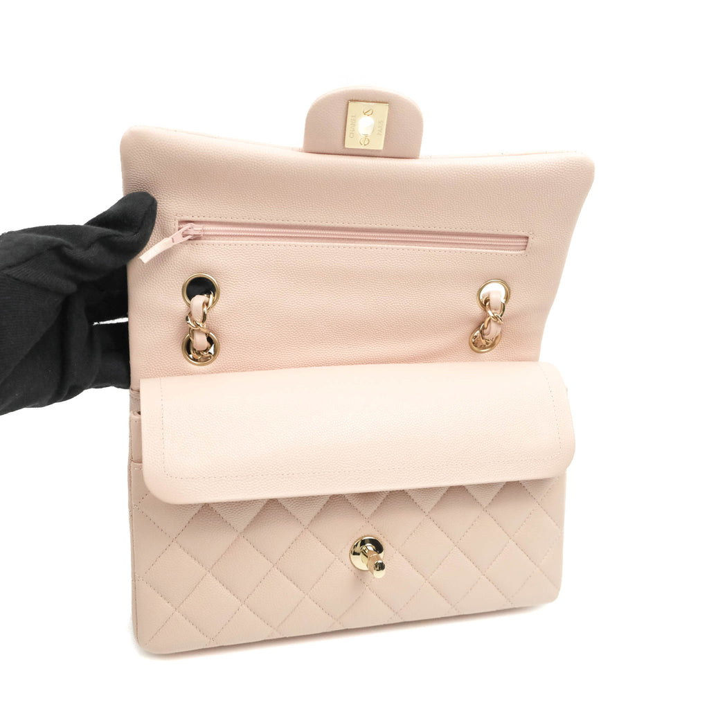 Chanel Classic Small S/M Flap Rose Clair Pink Caviar Gold Hardware 21C