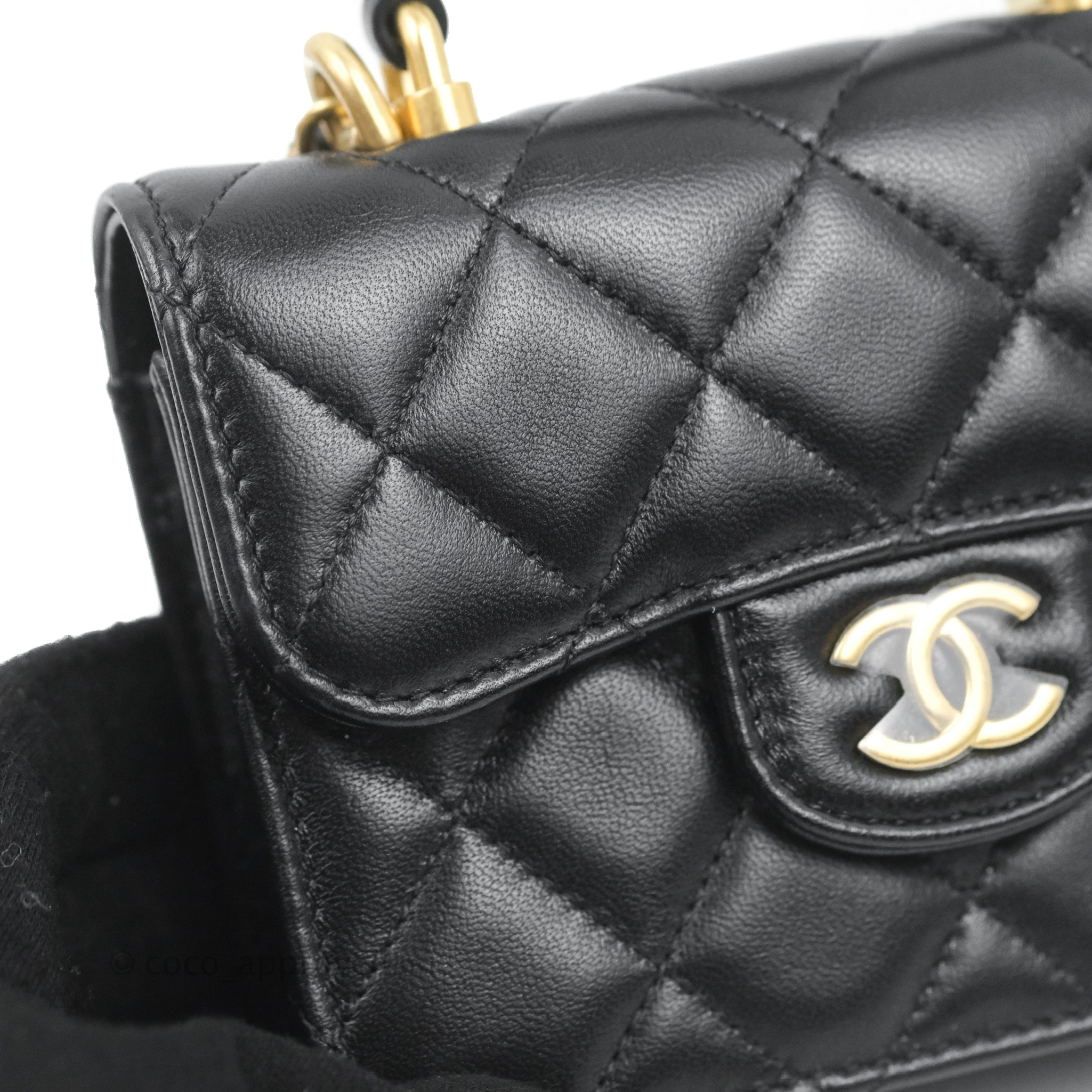 Chanel Mini Handle Flap Coin Purse With Chain Black Lambskin Gold Hardware