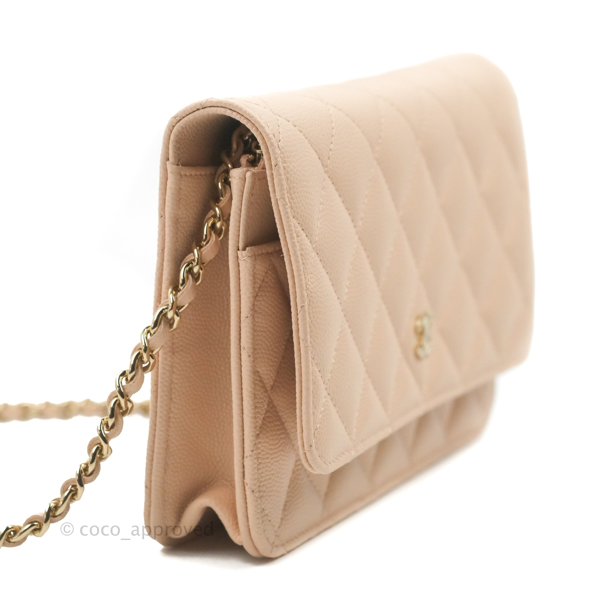 Chanel Quilted Classic Wallet on Chain WOC Light Beige Caviar Gold