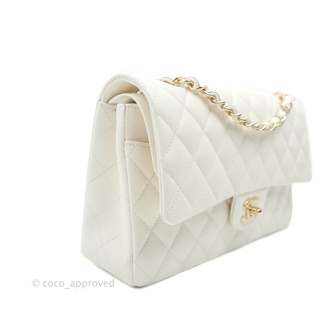 Chanel Classic M/L Medium Double Flap White Caviar Gold Hardware 21B