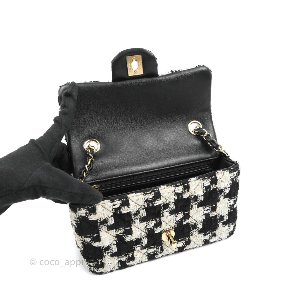 Chanel Quilted Mini Rectangular Flap Tweed Houndstooth Black & White Gold Hardware