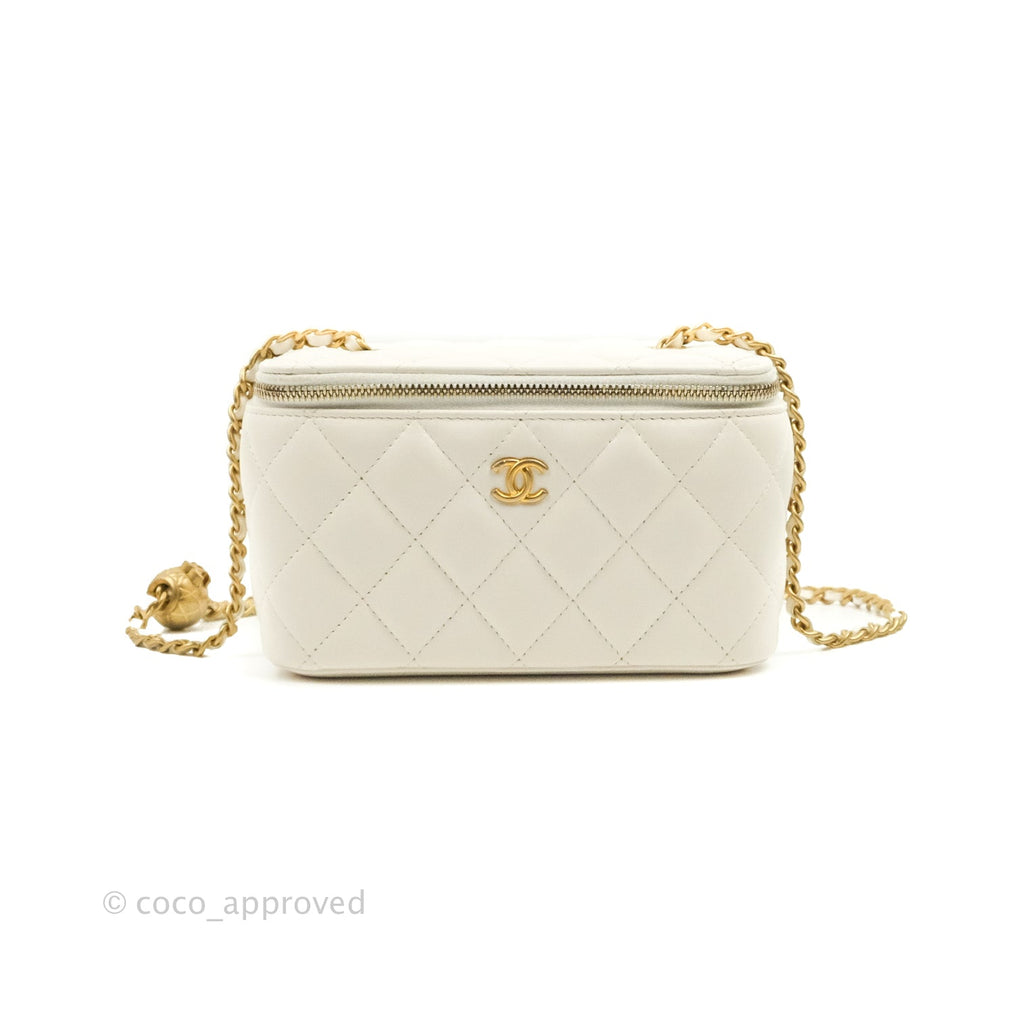 Chanel Pearl Crush Vanity With Chain White Lambskin Aged Gold Hardware