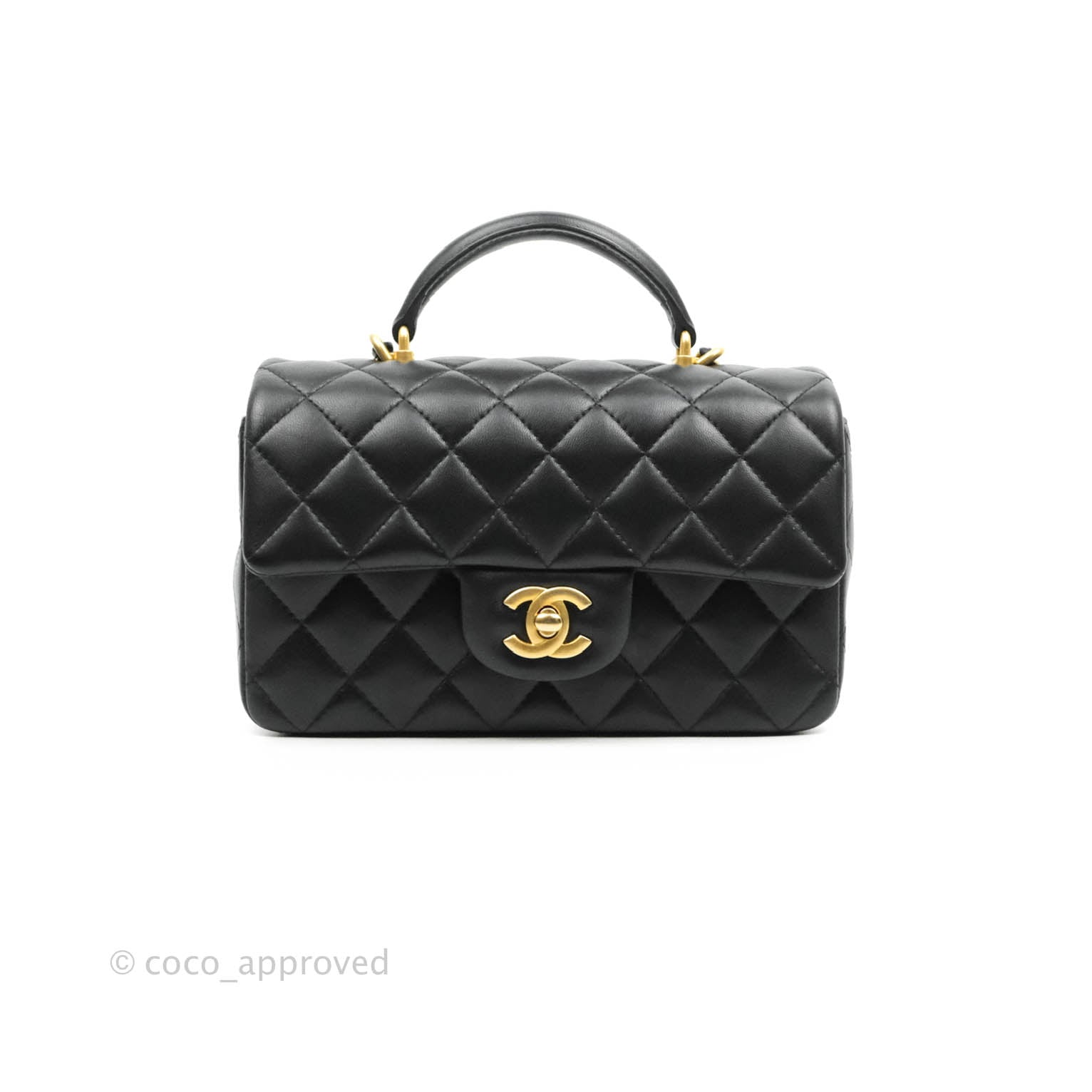 Chanel Mini Rectangular Top Handle (HJN2xxxx) Black Lambskin, Gold Chain,  with Dust Cover & Box