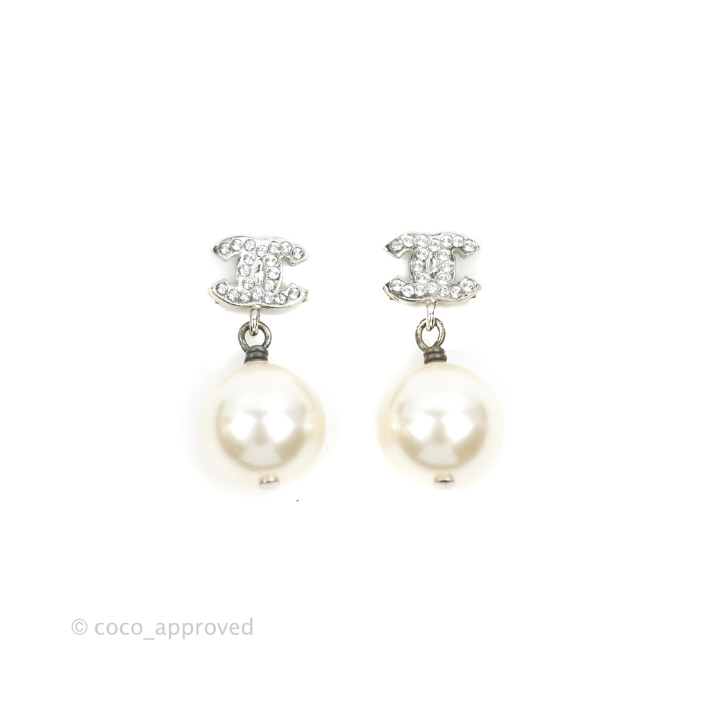 Chanel CC Crystal Pearl Drop Earrings Silver Tone 19V