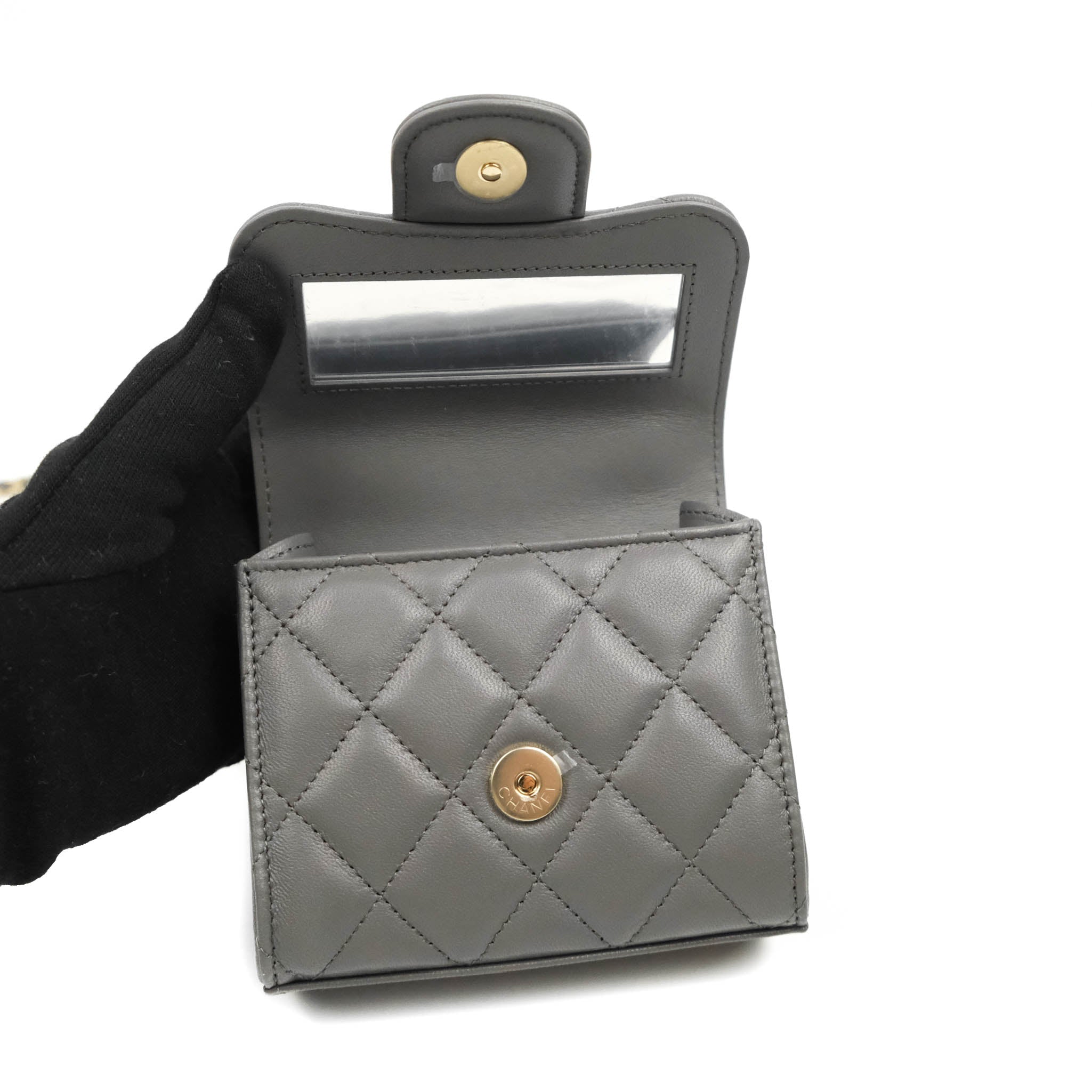 CHANEL Lambskin Quilted Top Handle Flap Coin Purse With Chain Grey