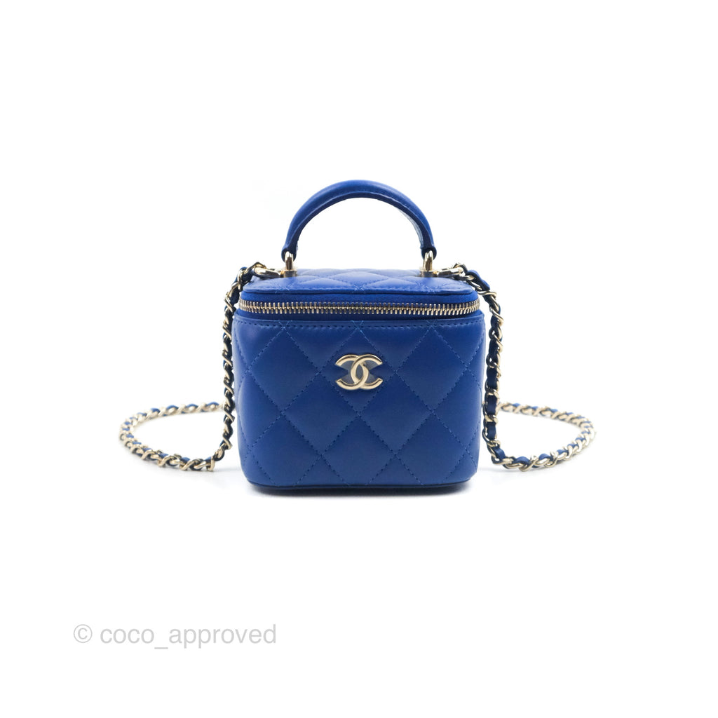 Chanel Mini Top Handle Vanity With Chain Blue Lambskin Gold Hardware
