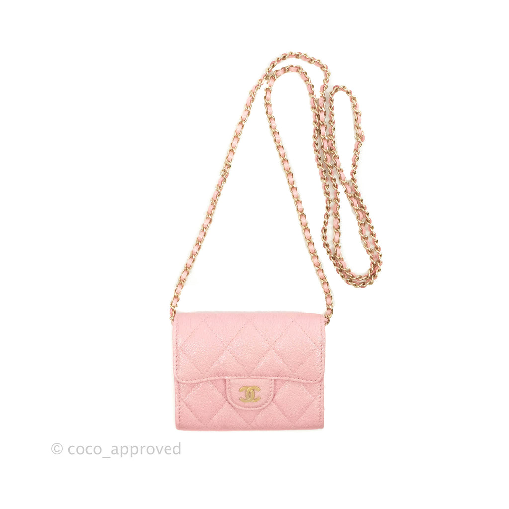 Chanel Mini Wallet With Chain Iridescent Pink Caviar Gold Hardware 19S