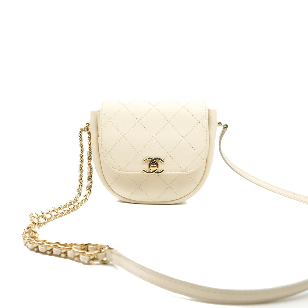 Chanel Flat Quilted Mini Flap Bag Ivory Calfskin Gold Hardware