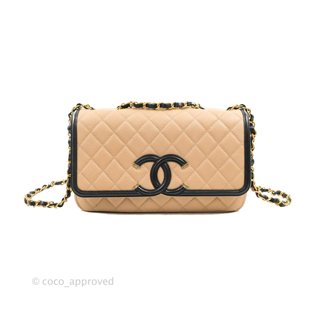 Chanel Quilted Medium CC Filigree Flap Beige Black Caviar