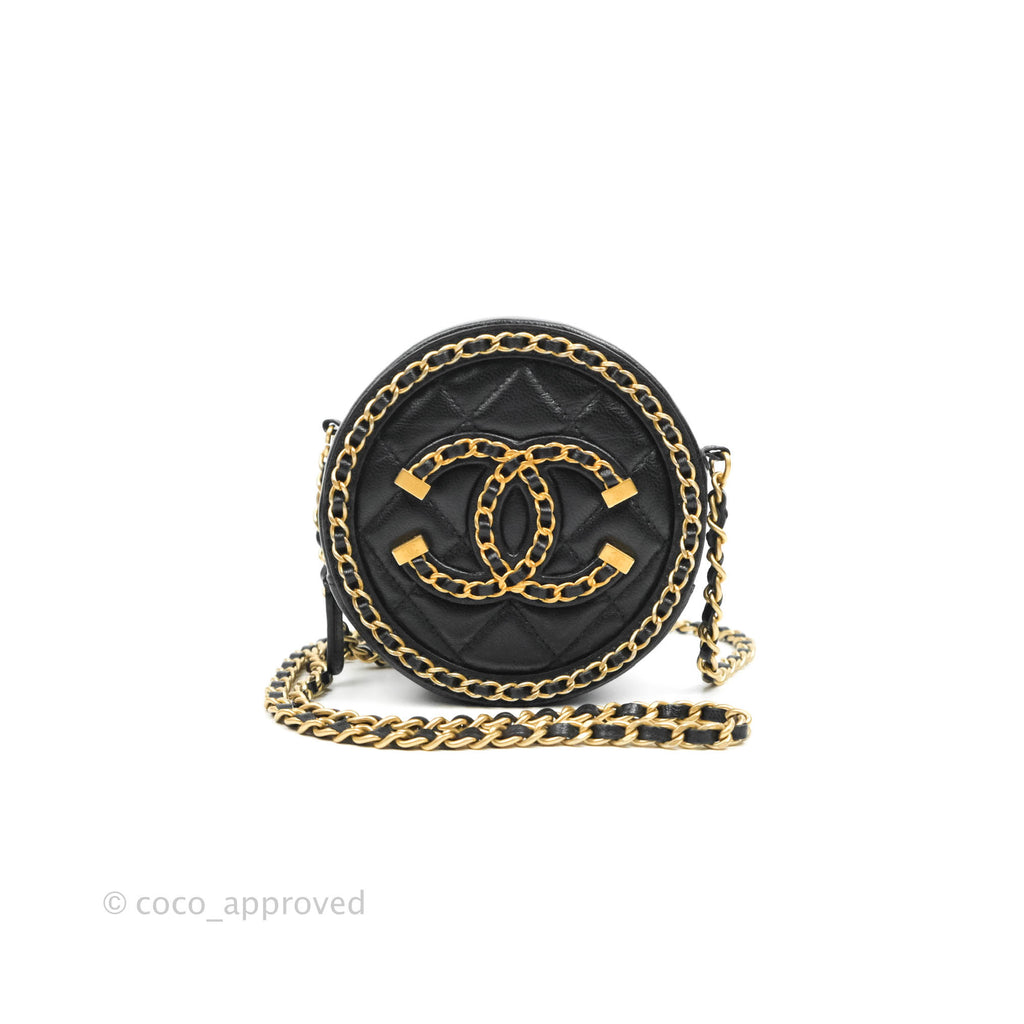 Chanel Lambskin Quilted Filigree Chain Around Circle Bag Black Aged Gold Hardware