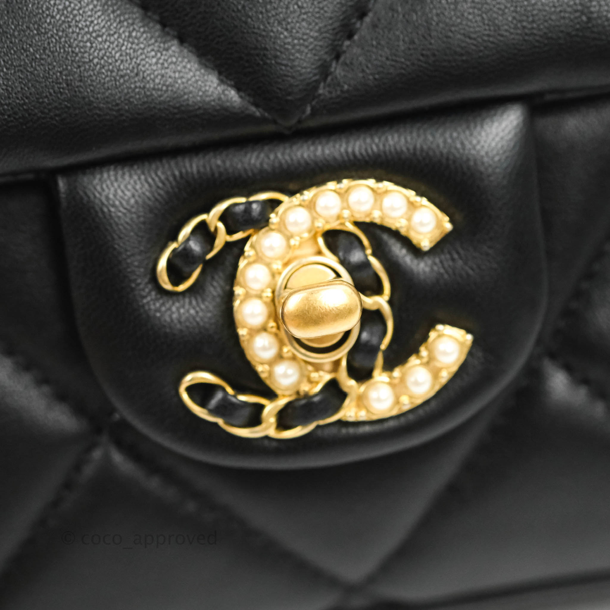 Chanel Logo Pearl Chain Flap Bag Black Lambskin Gold Hardware – Coco  Approved Studio