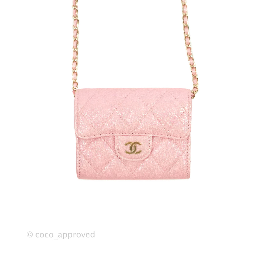 Chanel Mini Wallet With Chain Iridescent Pink Caviar Gold Hardware 19S