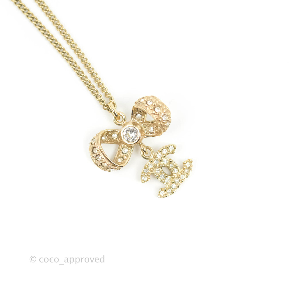 Chanel Ribbon Bow CC Crystal Drop Pendant Necklace Gold Tone 14K