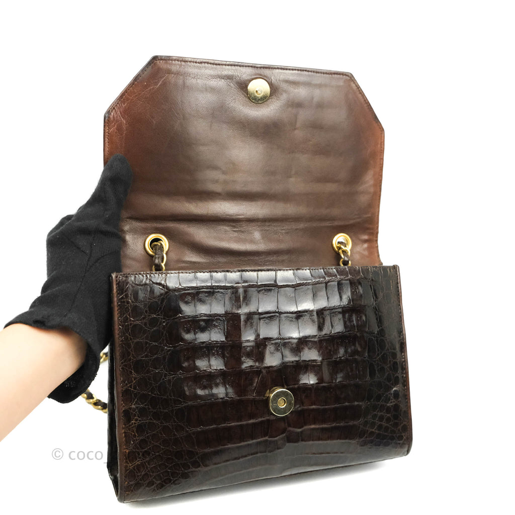 Chanel Vintage Brown Crocodile Leather Shoulder Bag Gold Hardware