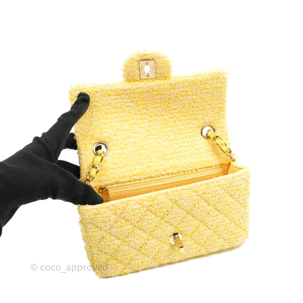 Chanel Classic Mini Rectangular Flap Yellow Tweed Gold Hardware
