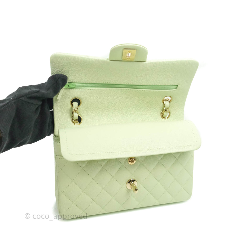 Chanel Small Classic Quilted Flap Light Green Caviar Gold Hardware