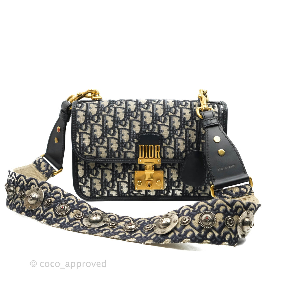 Christian Dior Oblique Small DiorAddict Flap Bag Navy Blue Aged Gold Hardware