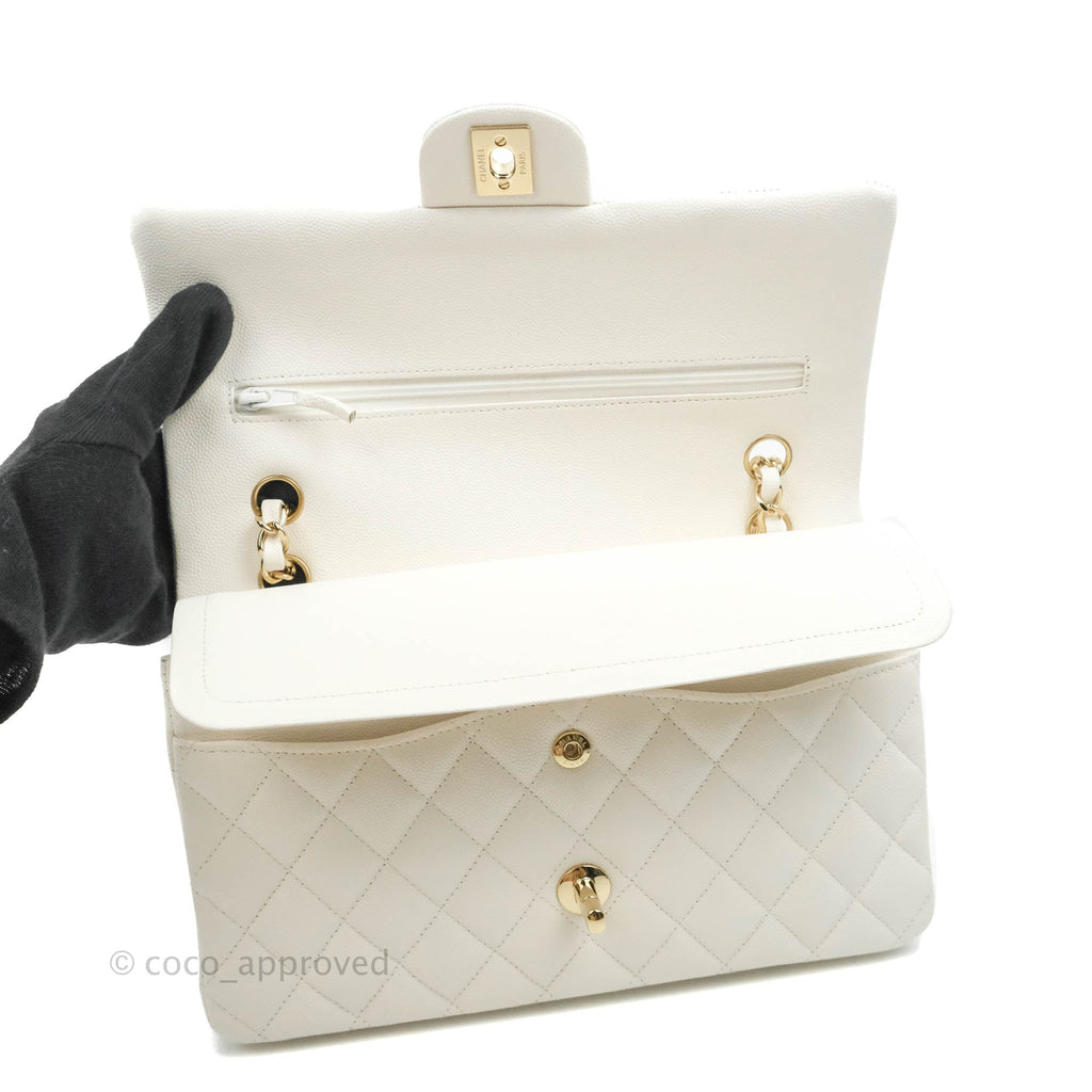 Chanel Classic M/L Medium Double Flap White Caviar Gold Hardware 21B