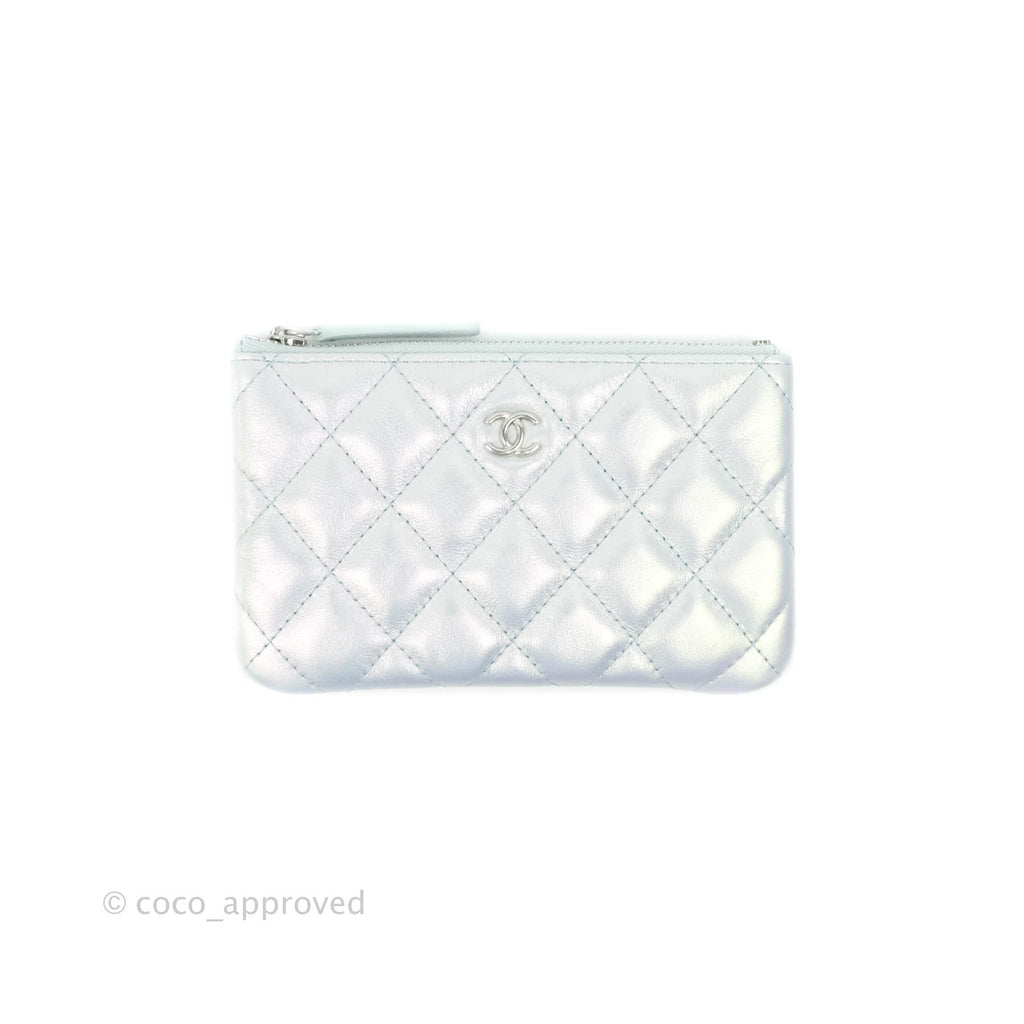 Chanel Mini Quilted O Case Iridescent Icy Blue Calfskin Silver Hardware