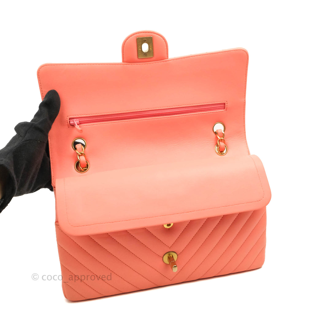 Chanel Classic M/L Medium Chevron Double Flap Orange Lambskin Aged Gold Hardware