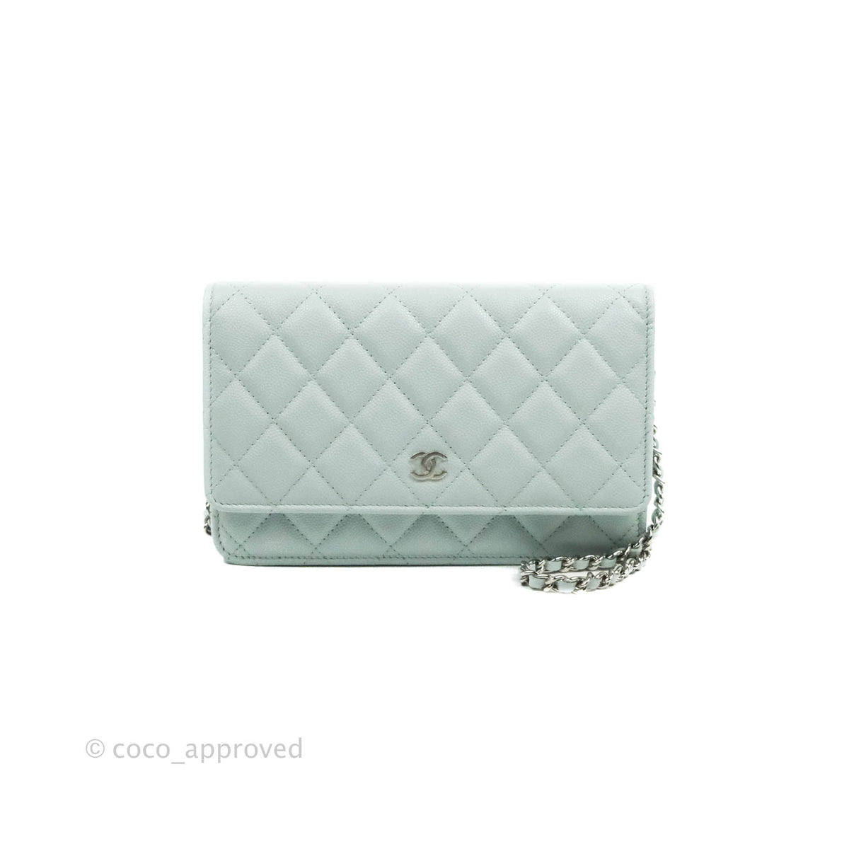 Chanel Quilted Classic Wallet on Chain WOC Light Blue Caviar Silver Hardware
