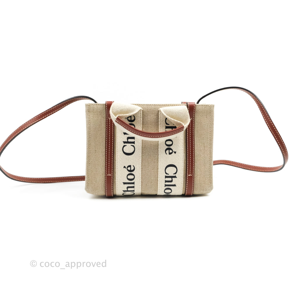 Chloe Mini Woody Tote Bag Cotton Canvas & Brown Calfskin with Woody Ribbon