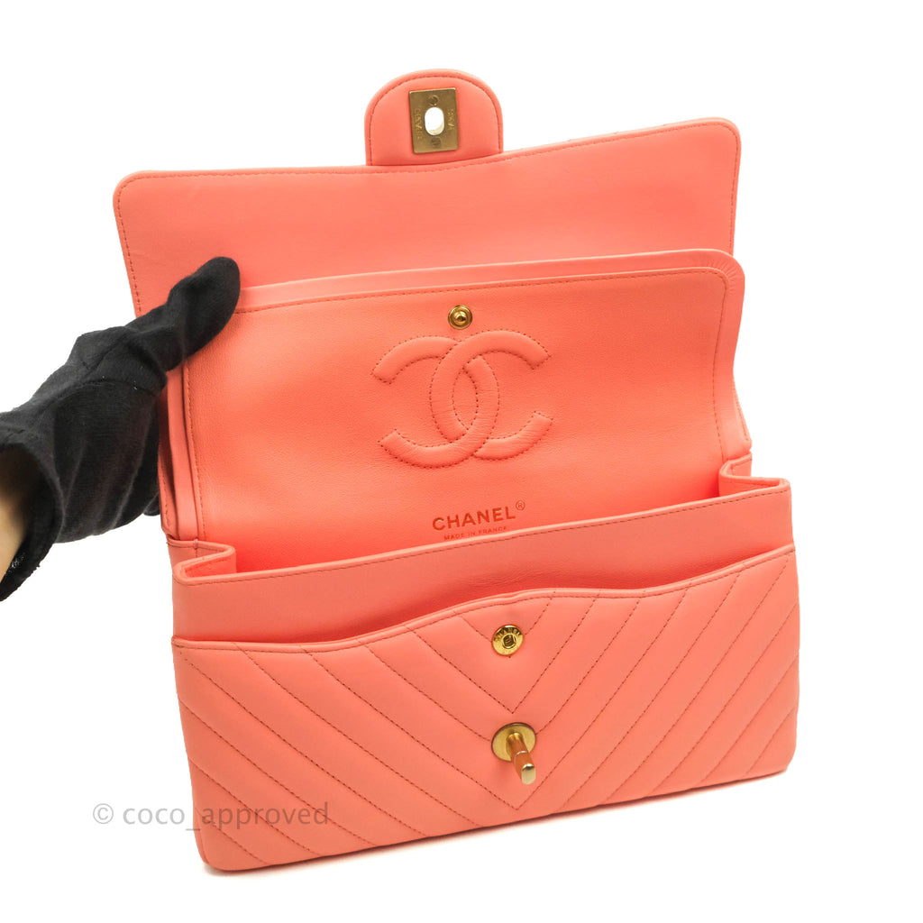 Chanel Classic M/L Medium Chevron Double Flap Orange Lambskin Aged Gold Hardware
