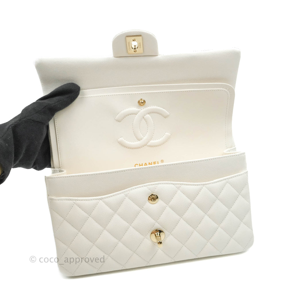 Chanel Classic M/L Medium Double Flap White Caviar Gold Hardware 21B