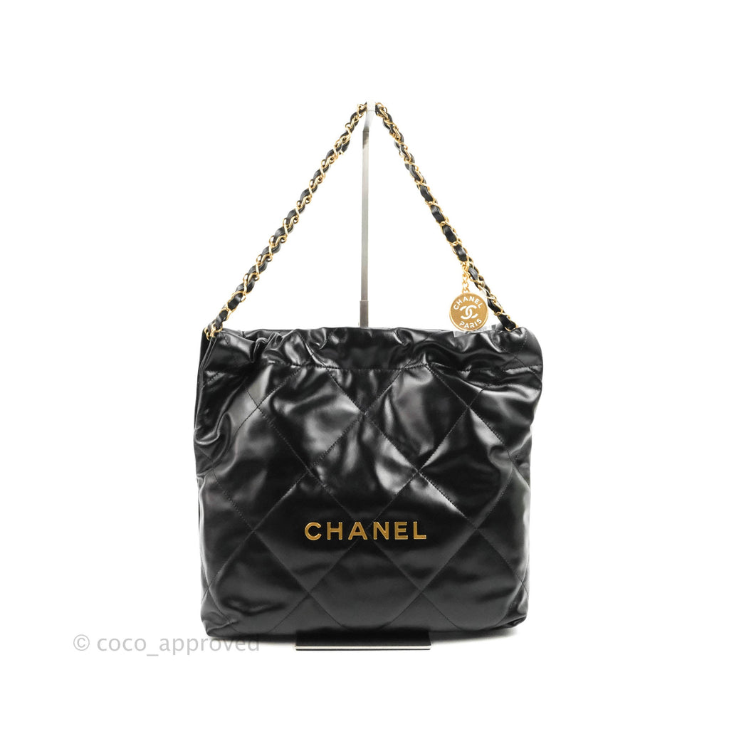 Chanel 22 Small Black Shiny Calfskin Aged Gold Hardware