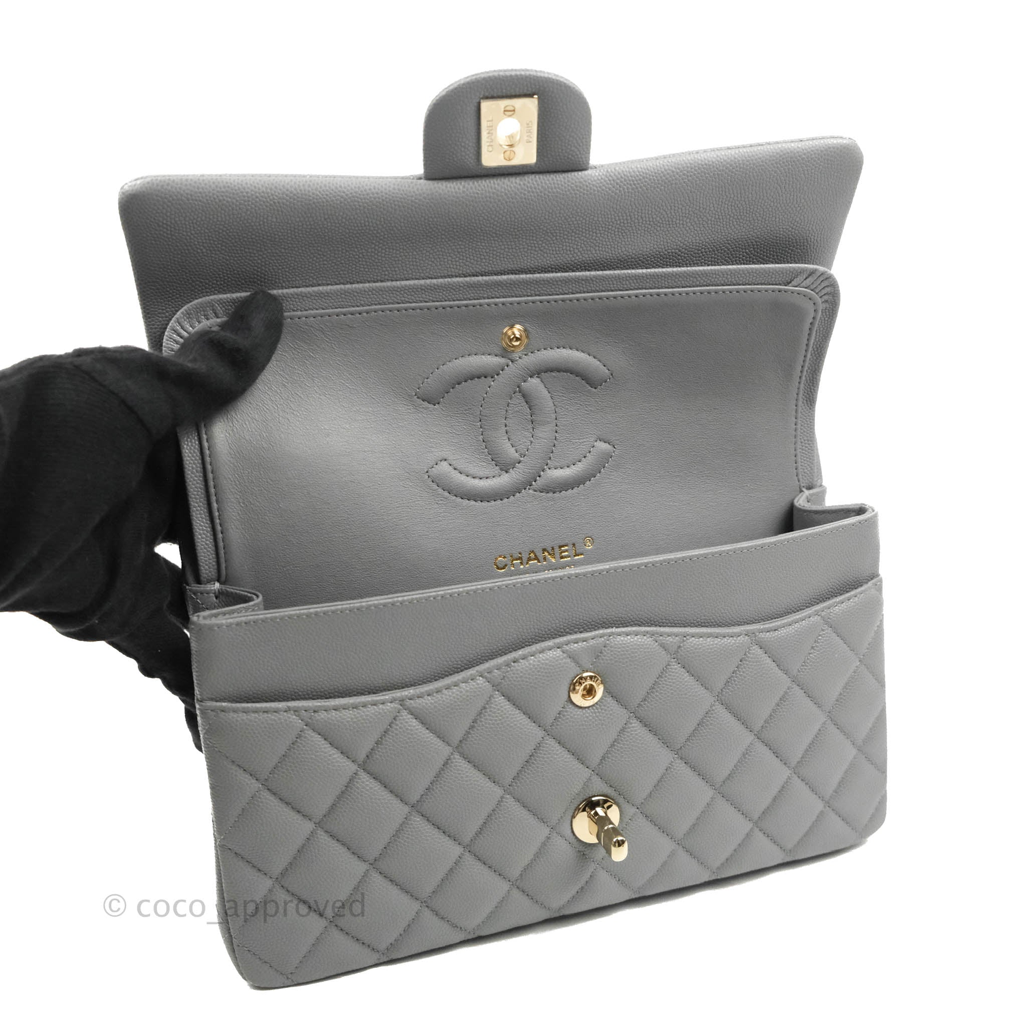 Chanel Classic Medium Double Flap 21A Gray/Grey Quilted Caviar