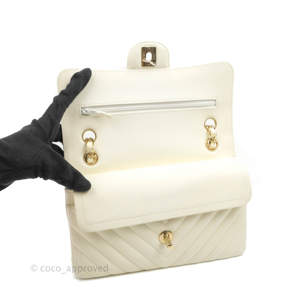 Chanel Classic Chevron S/M Small Double Flap Ivory White Lambskin Gold Hardware