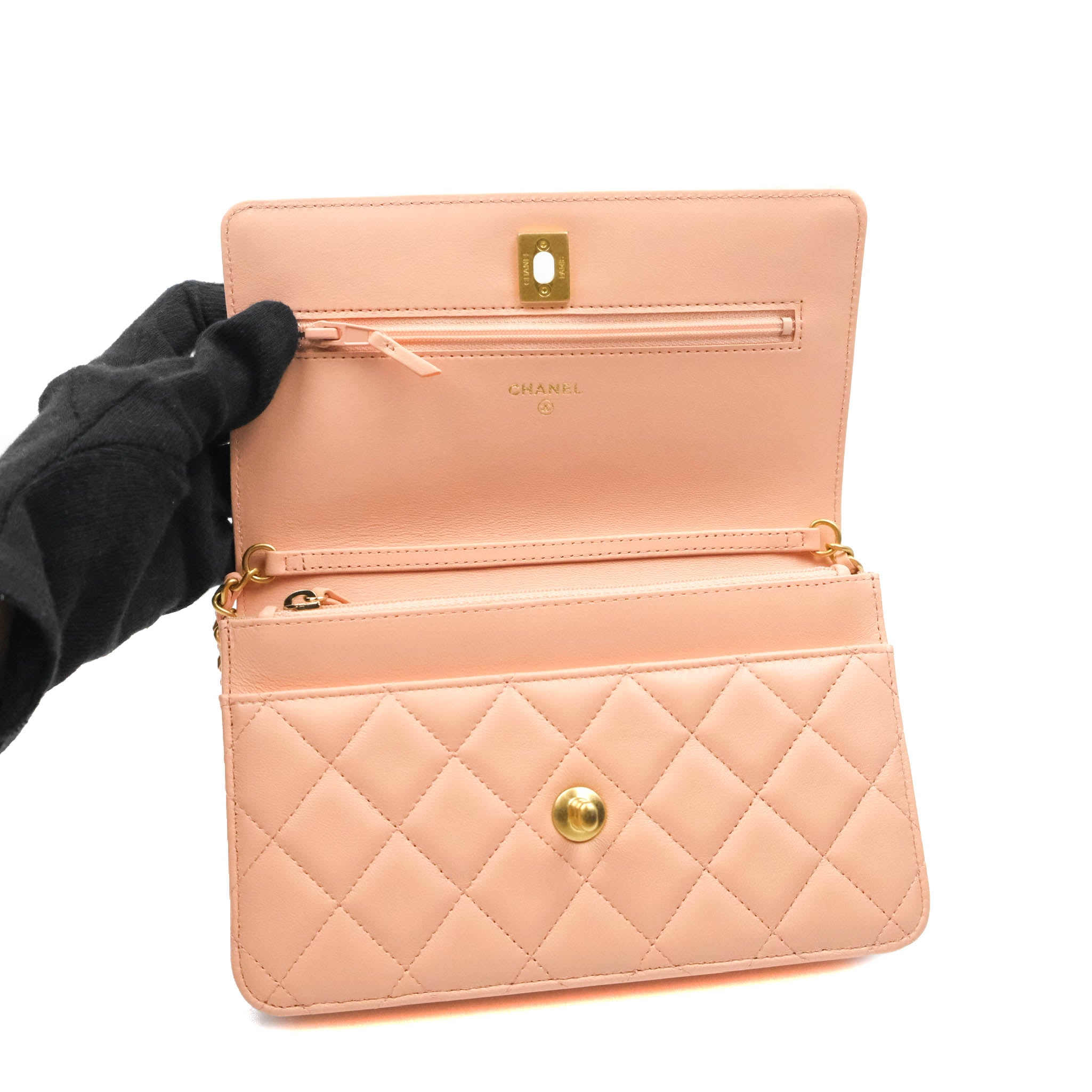 Chanel Quilted Pearl Crush Wallet on Chain WOC Light Pink Lambskin