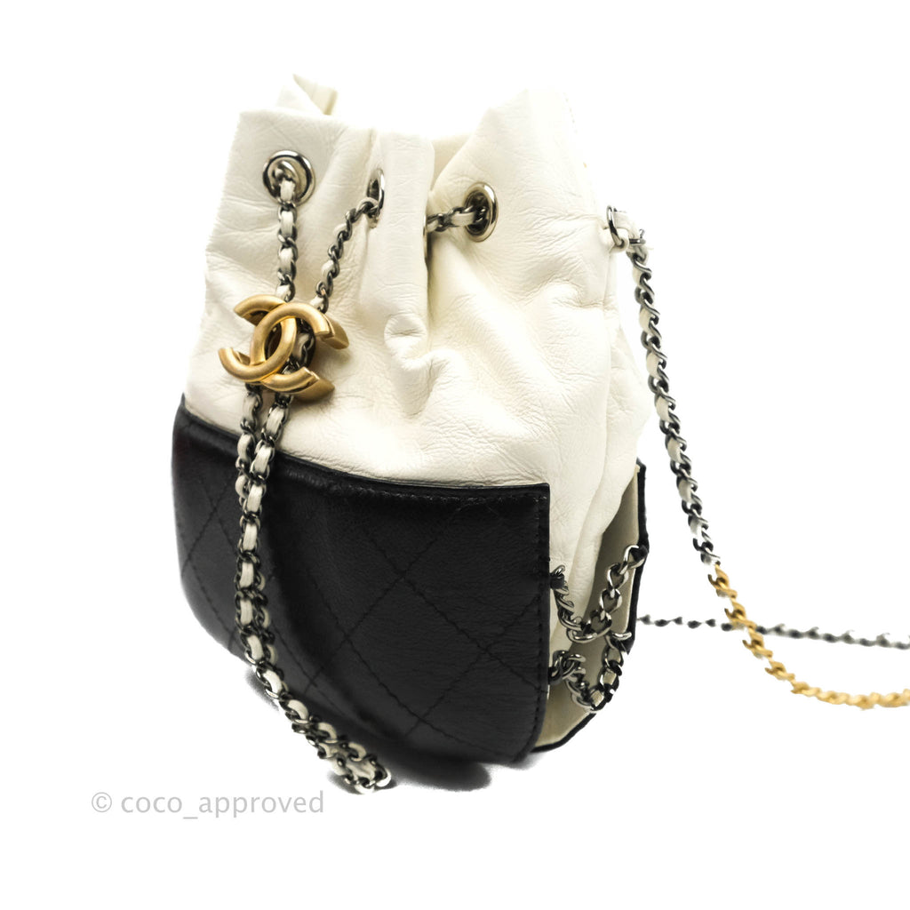 Chanel Small Gabrielle Drawstring Bag White Black Calfskin