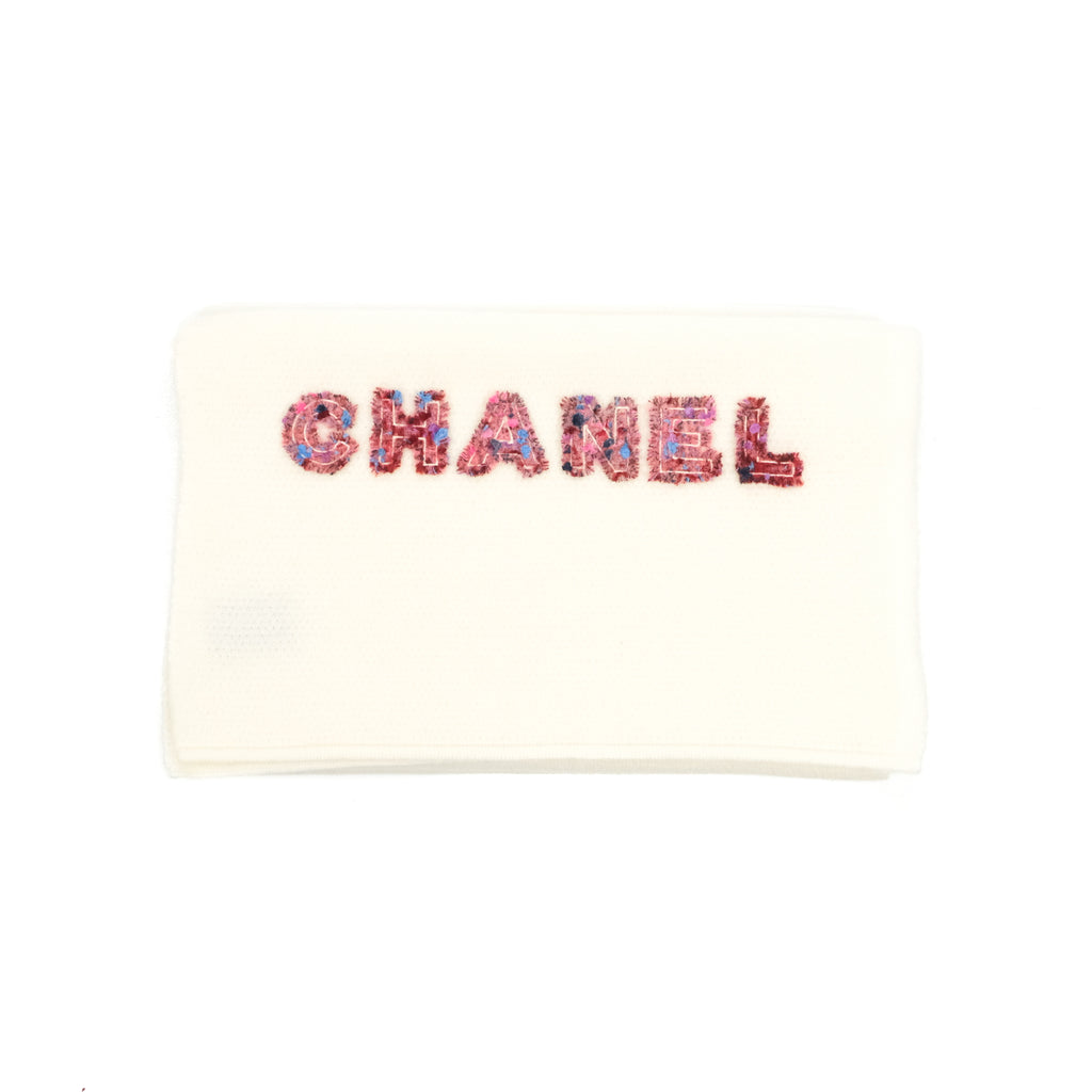 Chanel Cashmere Scarf With Chanel Tweed Logo Ivory