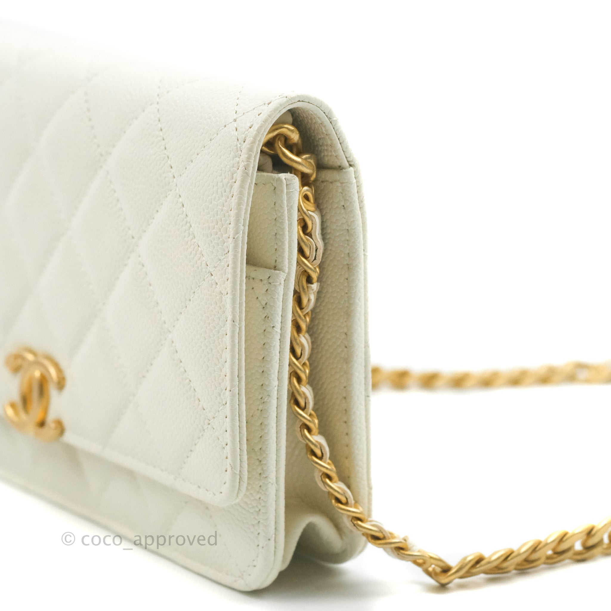 Chanel Quilted Wallet On Chain WOC Melody Ivory White Caviar Gold Hard – Coco  Approved Studio