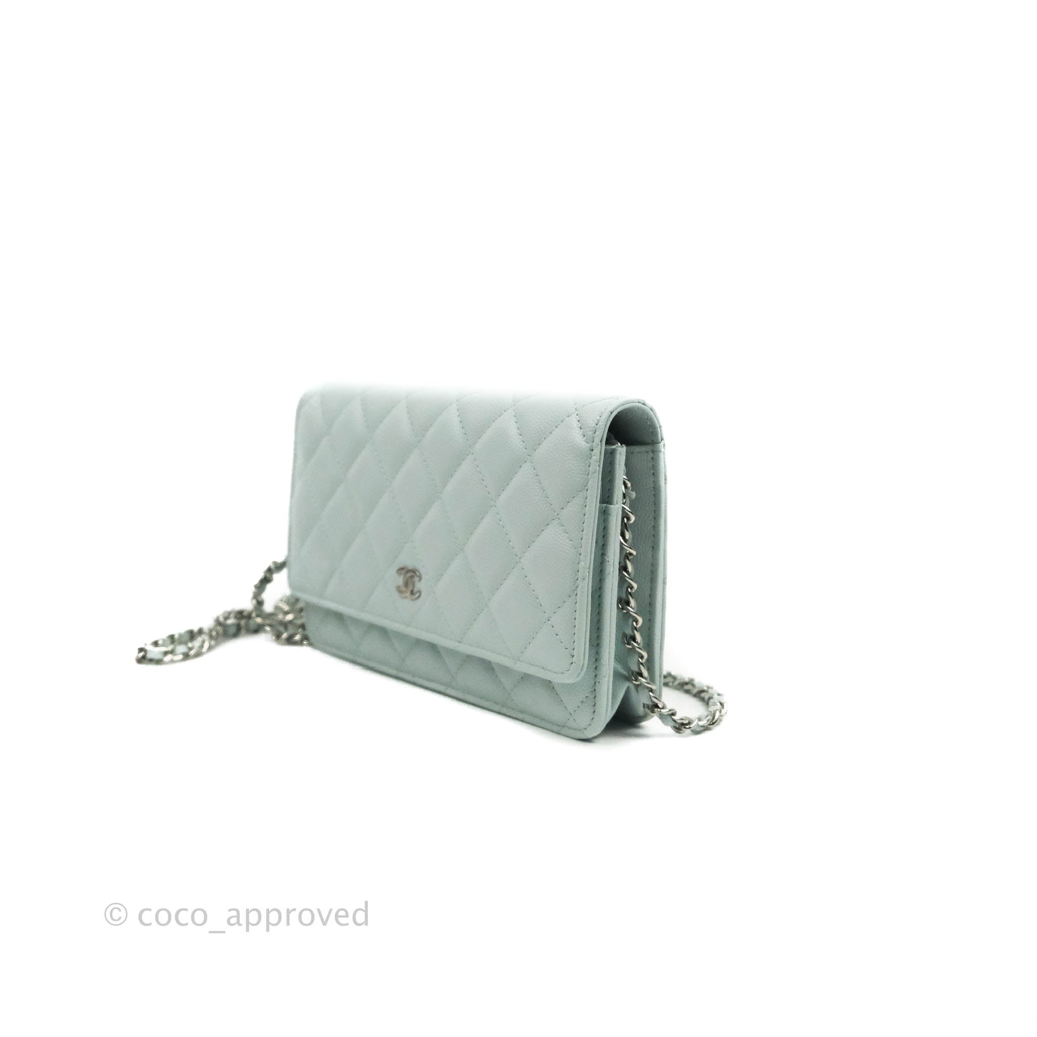 Chanel Quilted Classic Wallet on Chain WOC Light Blue Caviar Silver Ha –  Coco Approved Studio