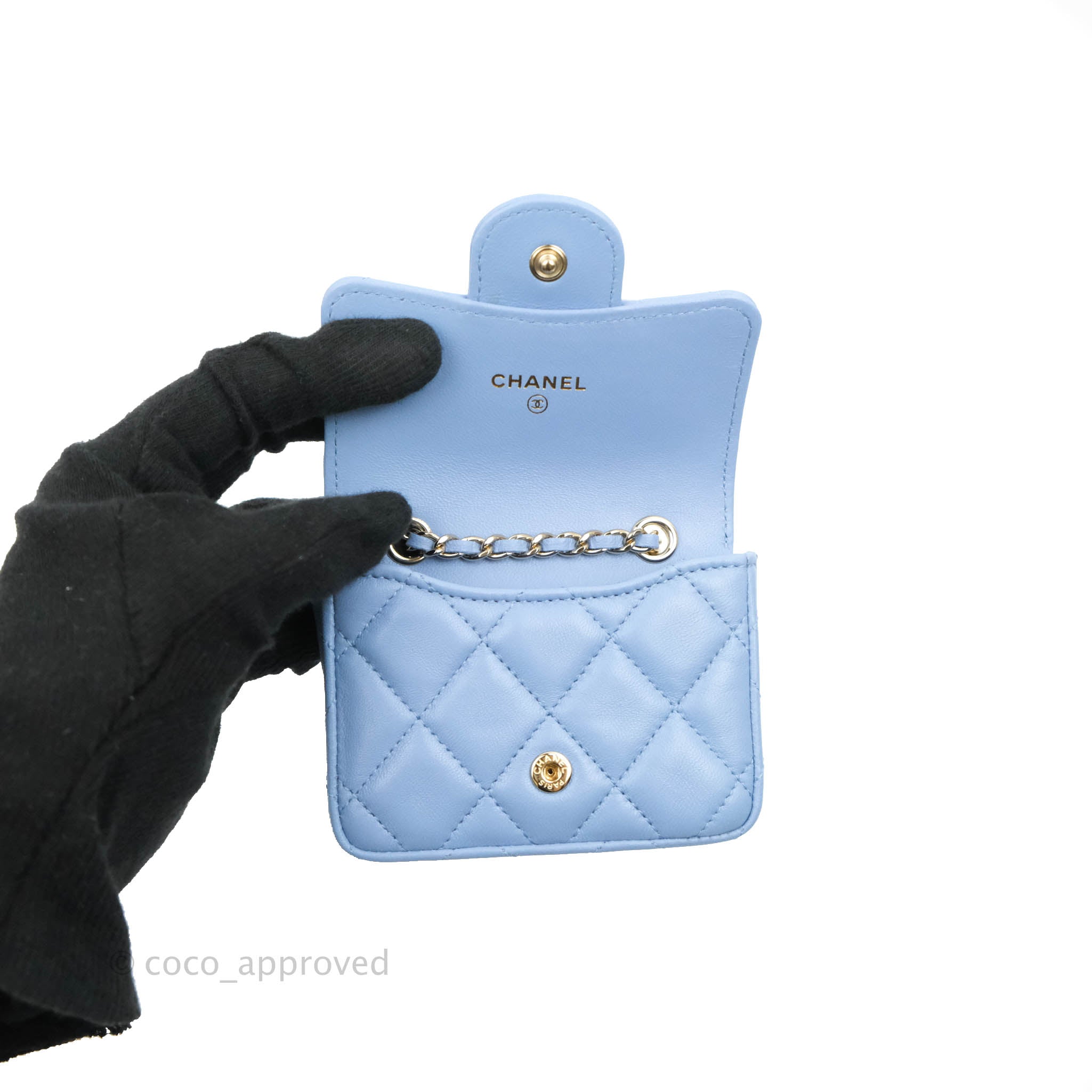 Chanel Mini Card Holder Chain Belt Bag Blue Lambskin Gold Hardware – Coco  Approved Studio