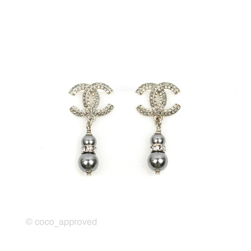 Chanel Crystal CC Drop Earrings Silver Tone 18A