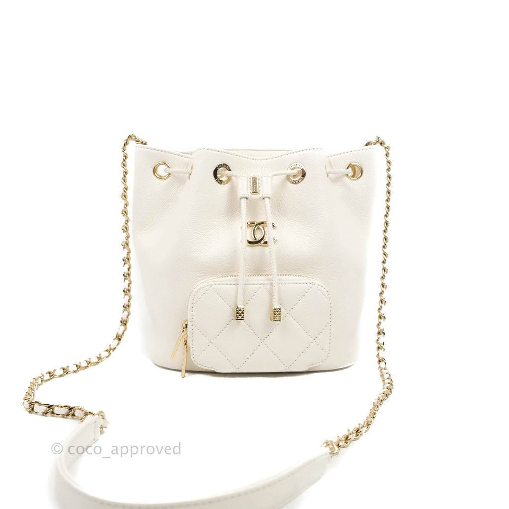 CHANEL Shiny Aged Calfskin CC Chain Mini Drawstring Bag White 1174552