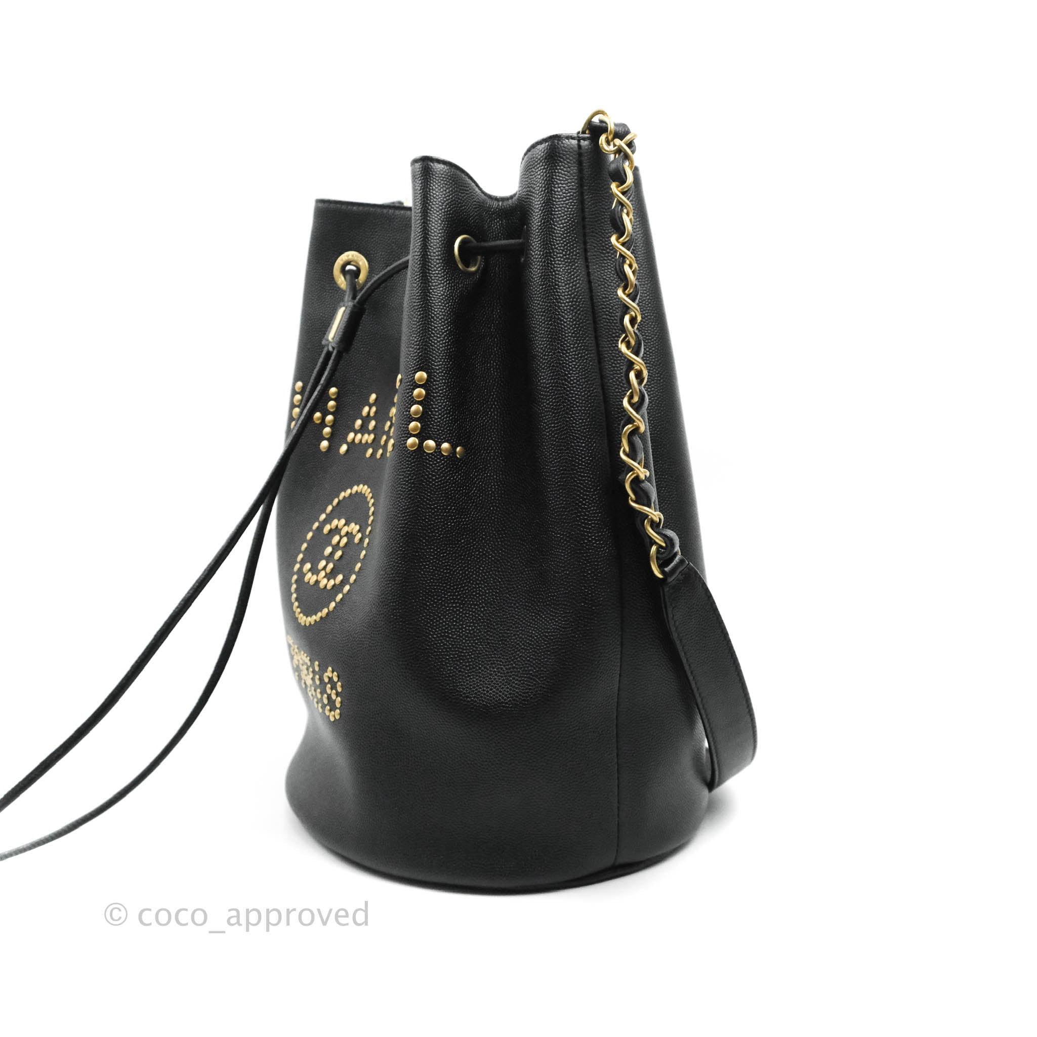 Chanel Studded Deauville Drawstring Bucket Bag Black Caviar – Coco Approved  Studio
