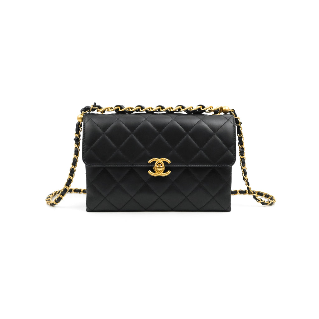 Chanel Small Chain Bar Flap Bag Black Calfskin Aged Gold Hardware