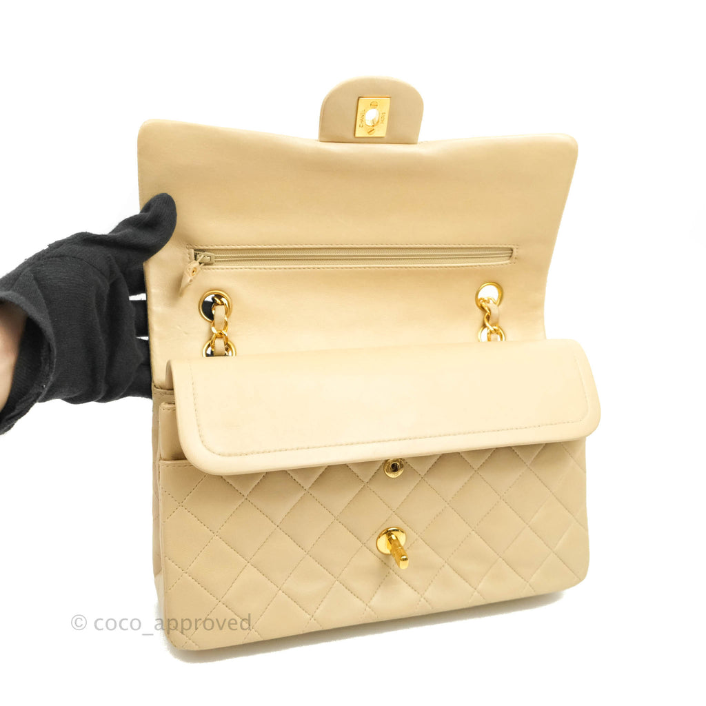 Chanel Vintage Classic M/L Medium Double Flap Bag Beige Lambskin 24K Gold Hardware