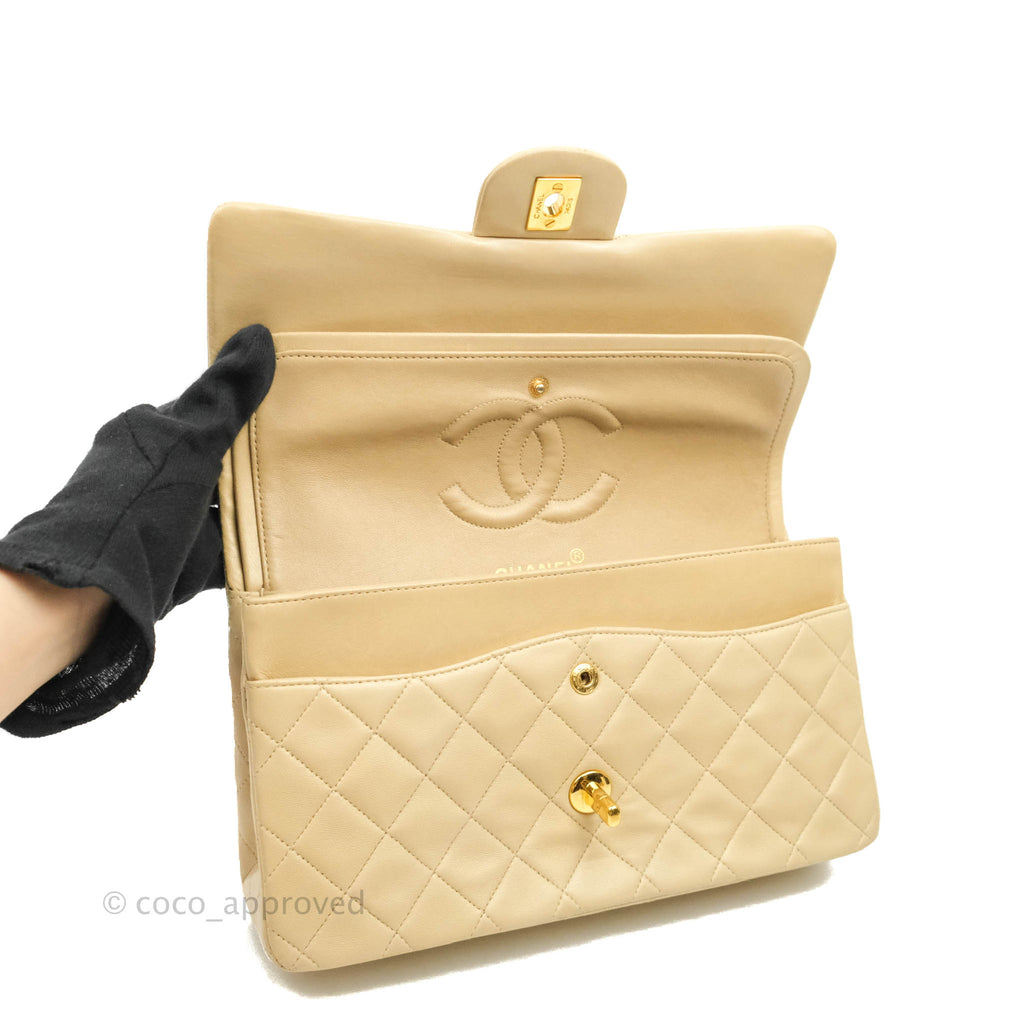 Chanel Vintage Classic M/L Medium Double Flap Bag Beige Lambskin 24K Gold Hardware