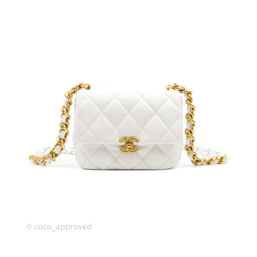 Chanel Small Flap Bag White Lambskin Aged Gold and Lacquered Metal 22S