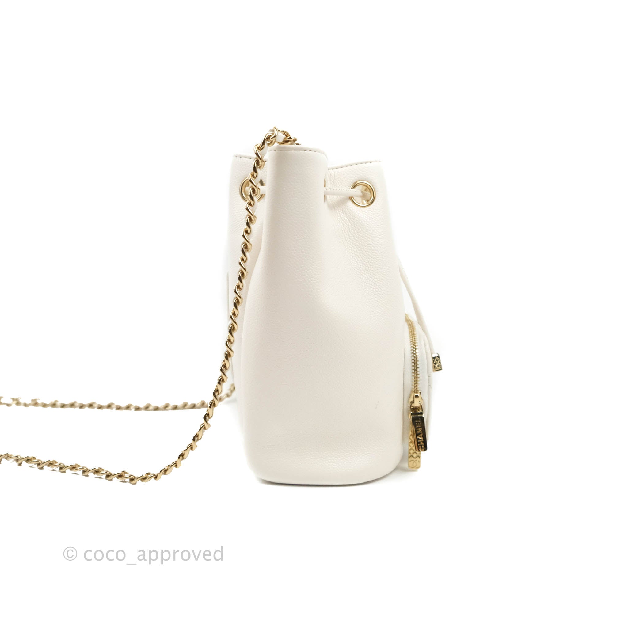 Chanel Business Affinity Drawstring Bucket Bag White Caviar Gold Hardware