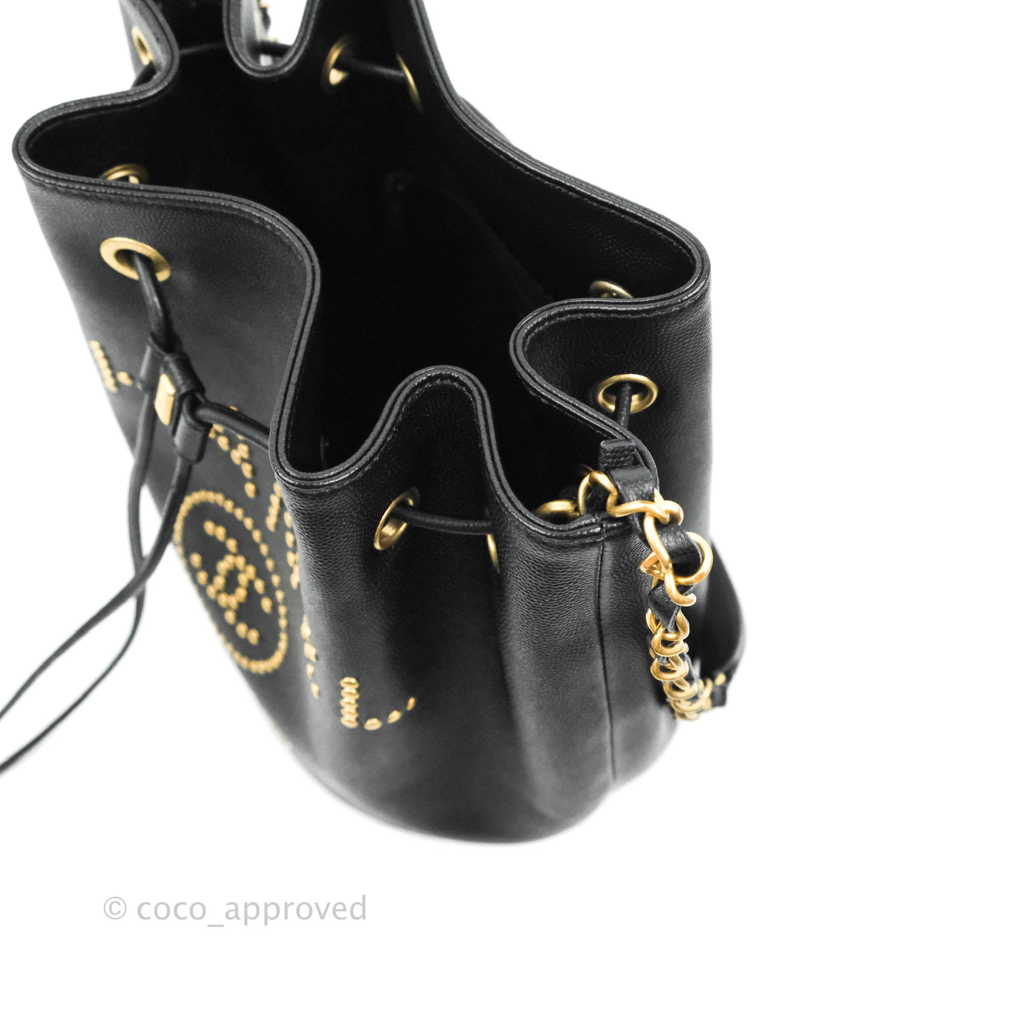 Chanel Studded Deauville Drawstring Bucket Bag Black Caviar