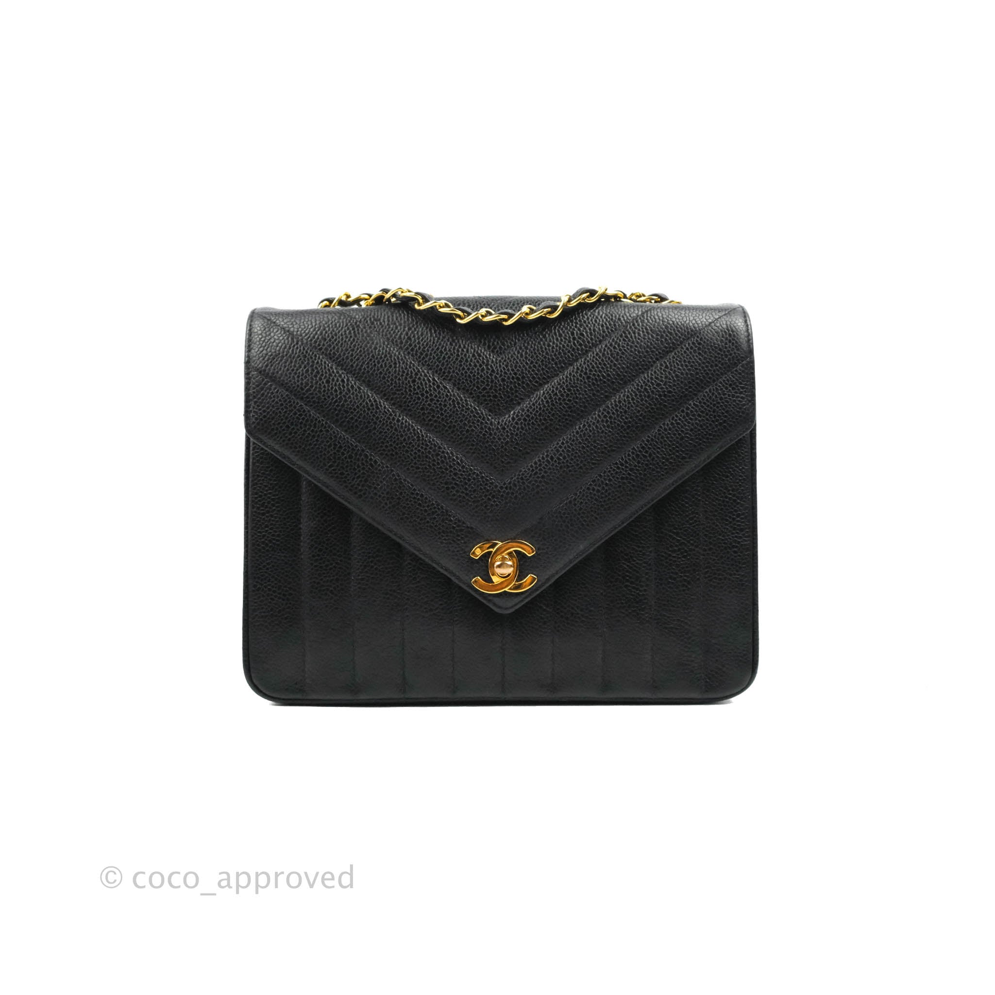 Chanel Vintage Chevron Envelope Flap Bag Black Caviar 24K Gold